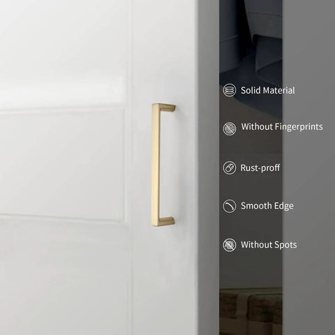 30 Pack 5 Inch Brushed Gold Cabinet Pulls For Cabinets And Drawers, Easy Install Kitchen Hardware, Durable Metal Handles With Modern Gold Finish, Scratch Resistant, Ideal For Home Makeovers, DIY Projects, And Frequent Upgrades. Brushed gold cabinet pull on white door