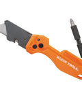 Flickblade Folding Utility Knife With Dual 135 Degree And 180 Degree Blade Positions Detachable One Quarter Inch Impact Driver And Number Two Phillips Bit For Quick Versatile Cuts, shown unfolded with driver attached.