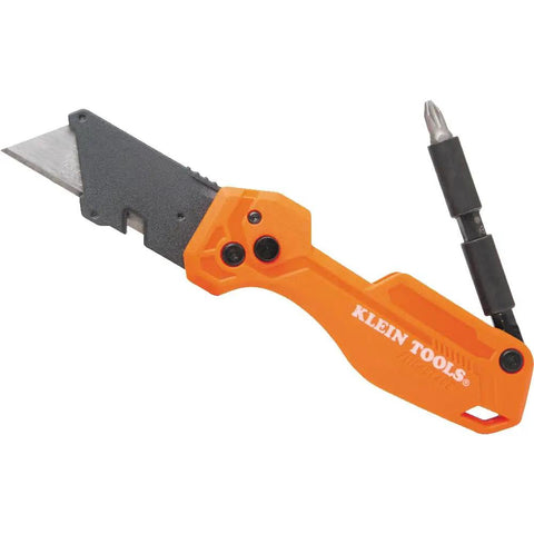 Flickblade Folding Utility Knife With Dual 135 Degree And 180 Degree Blade Positions Detachable One Quarter Inch Impact Driver And Number Two Phillips Bit For Quick Versatile Cuts, shown unfolded with driver attached.