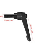 M12 X 25mm Quick Change Clamping Knob With Push Button Ratchet Lever Adjustable Locking Thumb Screw Snaps Right On shown from side with detailed measurements in matte black finish.