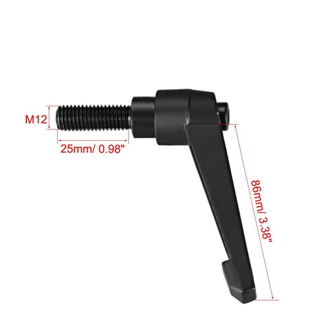 M12 X 25mm Quick Change Clamping Knob With Push Button Ratchet Lever Adjustable Locking Thumb Screw Snaps Right On shown from side with detailed measurements in matte black finish.