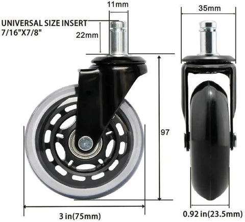 3 Inches 75mm Castor Wheels for Office Chair M11 Stem Casters for Furniture Swivel Castors 320kg Silent PU Universal Transparent 5 Pcs showing dimensions.