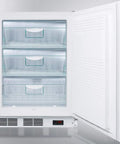 Top Shelf Slim Upright Freezer In Crisp White With Zero Hassle Factory Lock And Smooth Glide Drawers That Keep Samples Frosty Down To Minus Twenty Five Celsius ADA Friendly Height Slots Perfectly Under Counters, open view showing three clear drawers.