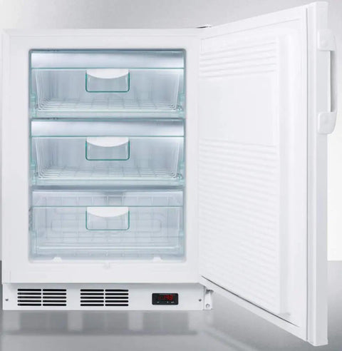 Top Shelf Slim Upright Freezer In Crisp White With Zero Hassle Factory Lock And Smooth Glide Drawers That Keep Samples Frosty Down To Minus Twenty Five Celsius ADA Friendly Height Slots Perfectly Under Counters, open view showing three clear drawers.