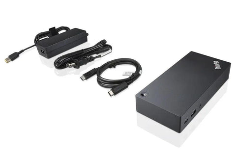 Play Nice With Your Tech Using This Sleek Thinkpad Usb C Docking Station, black docking station with various cables for connectivity.
