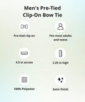 Men's Pre-Tied Clip-On Bow Tie Black Satin Finish With Heavy 1-Inch Clips, Measures 4.5 Inches Across And 2.25 Inches High At Ends, Fits Teens To Adults, Easy Formal Accessory For Weddings, Parties, And Everyday Go-To Sharp Style.