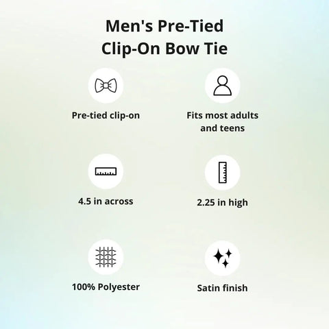 Men's Pre-Tied Clip-On Bow Tie Black Satin Finish With Heavy 1-Inch Clips, Measures 4.5 Inches Across And 2.25 Inches High At Ends, Fits Teens To Adults, Easy Formal Accessory For Weddings, Parties, And Everyday Go-To Sharp Style.