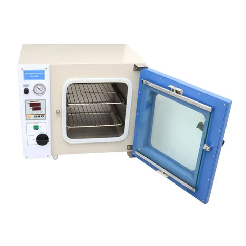 0.9 Cu Ft Vacuum Drying Oven with Digital Temperature Control, door open showing shelves, for lab use, 110V 1kW, PID precision heating