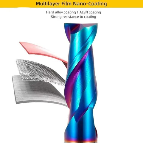 End mill cutter, blue titanium-coated, 2-flute solid carbide CNC milling tool.