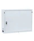 Solid Heavy Duty Steel 12 Slot Cell Phone Storage Lockers With Integrated Fast Charging Station And Secure Key Lock For Offices Schools And Work Crews White, front view.