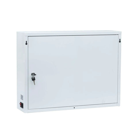 Solid Heavy Duty Steel 12 Slot Cell Phone Storage Lockers With Integrated Fast Charging Station And Secure Key Lock For Offices Schools And Work Crews White, front view.