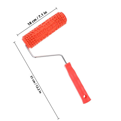 Decorative Texture Roller With Handle for Faux Wood Wall Finish Painting, 18cm roller with red textured surface and sturdy handle.