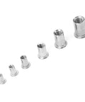 Six different sizes of Rivet Nut Set 150 Pcs Stainless Steel 304 M3 To M10 Fastening Hardware Kit arranged in a row