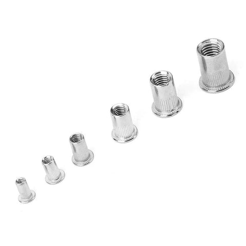 Six different sizes of Rivet Nut Set 150 Pcs Stainless Steel 304 M3 To M10 Fastening Hardware Kit arranged in a row