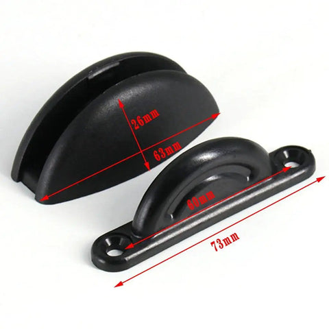 Durable Black Nylon Door Catch Stopper Latch Holds Open Cupboard RV Boat Sail Motorhome And Cargo Drawer To Protect Walls From Damage With Easy Installation, showing dimensions 63mm x 26mm.