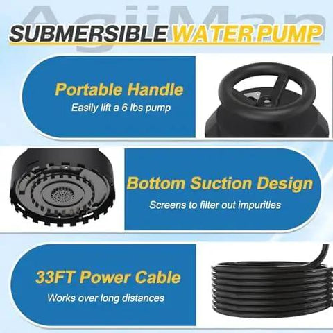 Real Heavy Duty Submersible Sump Pump 1 Hp 5000 Gph Automatic Water Discharge System with portable handle and bottom suction design.