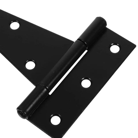 Close-up of Beefy 4 Inch Black Iron Door Hinge Set With Extended T Shape Slotted Bearing Hinge for Easy Install and Rock Solid Load