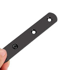 Built Tough Rugged Stainless Steel Flat Plates Straight Corner Braces Heavy Duty Furniture Repair Connectors With Screws For Table Desk Reinforcement Fast Setup Matte Black Eight Piece Set held in hand showing one brace.