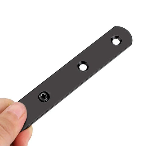 Built Tough Rugged Stainless Steel Flat Plates Straight Corner Braces Heavy Duty Furniture Repair Connectors With Screws For Table Desk Reinforcement Fast Setup Matte Black Eight Piece Set held in hand showing one brace.