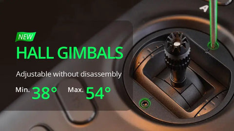 Close-up of Dope Compact Pro Radio Transmitter With Hall Gimbals And ELRS CC2500 showing adjustable hall gimbals mechanism.