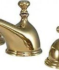 Templeton Widespread Lavatory Faucet With Brass Pop Up In Polished Brass Finish, traditional old school lever handle and spout.