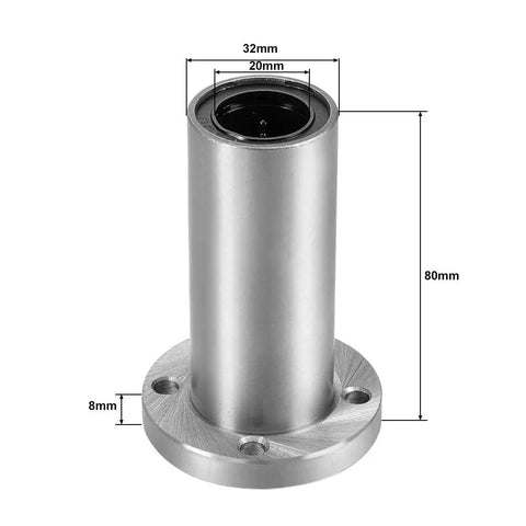 Heavy Duty Extra Long Round Flange Linear Ball Bearing LM20UU With 20 Mm Bore, 32 Mm Outer Diameter, 80 Mm Length, Double Sealed Sides, Chromium Steel Shell, High Precision Low Friction For Ultra Smooth Linear Motion. Flanged 20mm bore bearing with 32mm OD and 80mm length