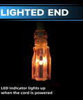 LED lit end of 25 Foot Lighted Outdoor Extension Cord With 3 Prong Grounded Plug, Heavy Duty 10 3 SJTW Cable for indoor outdoor use