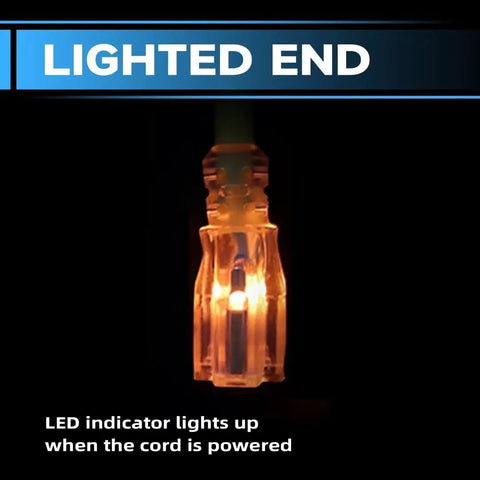LED lit end of 25 Foot Lighted Outdoor Extension Cord With 3 Prong Grounded Plug, Heavy Duty 10 3 SJTW Cable for indoor outdoor use
