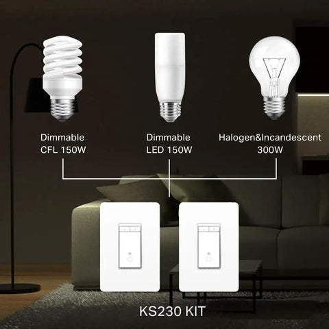 Diagram showing 3 Way Smart Dimmer Switch Kit for dimmable lights CFL, LED, and halogen bulbs in a living room setting