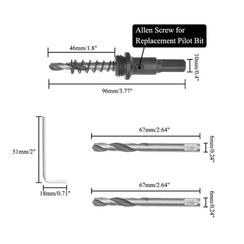 Dimensions of components in Two And Three Quarters Inch Bi Metal Hole Saw With Arbor And Bits For Fast Smooth Cuts