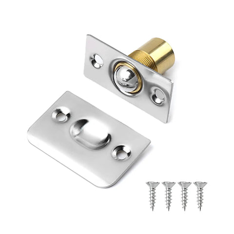 Adjustable Brass Door Catch Ball Catch For Interior Doors Hidden Invisible Mount shown with screws and plates