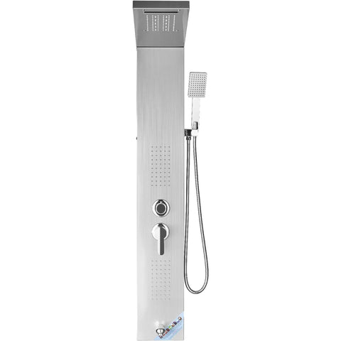 Slick Stainless Steel Shower Panel Tower Featuring Five Kickass Spray Modes, Smooth Knob Control, Rainfall Showerhead, Waterfall Stream, Dual Body Massage Jets, Bathtub Spout, And Handheld Sprayer Kit