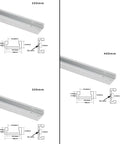Pro Grade Aluminum Miter Track Jigs T Slot Guide with measurement diagrams for 300mm, 400mm, and 500mm lengths for woodworking