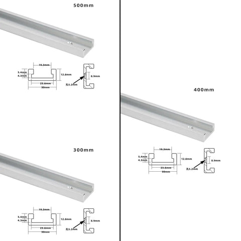 Pro Grade Aluminum Miter Track Jigs T Slot Guide with measurement diagrams for 300mm, 400mm, and 500mm lengths for woodworking