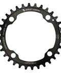 104 BCD 36 Tooth Mountain Bike Chainring For Shimano 12 Speed Hyperglide Plus Drop Stop ST Wide Narrow Spider Mount Beefy Aluminum 7075 T6 Made In USA For MTB, black chainring on white background.
