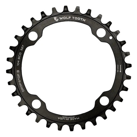 104 BCD 36 Tooth Mountain Bike Chainring For Shimano 12 Speed Hyperglide Plus Drop Stop ST Wide Narrow Spider Mount Beefy Aluminum 7075 T6 Made In USA For MTB, black chainring on white background.