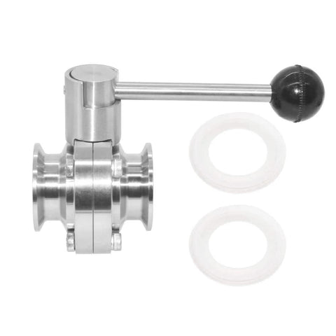 Stainless steel SUS304 sanitary butterfly valve with tri-clamp ends, 1.5 inch tube OD, silicone gasket.