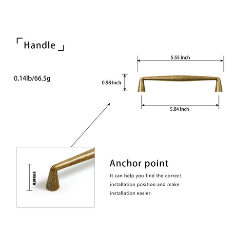 Dimensions of Vintage Brass Zinc Alloy Cabinet Handles Set Of 6 5.03 Inch Center To Center with anchor point details.