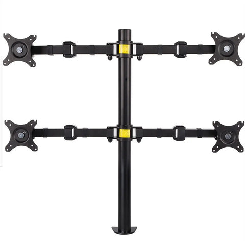 Heavy Duty Workhorse Quad Monitor Stand For Four Screens Up To 30 Inch Vesa Desk Mount with tilt arms, matte black finish.