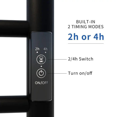 Close-up of Wall Mounted Heated Towel Rack With Built In Timer And LED Indicator in Matte Black showing control panel