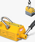 Yellow 440 lb permanent magnetic lifter with release lever and hook for lifting steel plates, front view