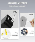 Pretty Slick Portable Label Maker With Bluetooth Pairing And Durable Mono Ribbon Tape For Totally Neat Home Desks And Dorms Super Pocket Sized Sticker Creator showing manual cutter with tidy and unfixed length labels.