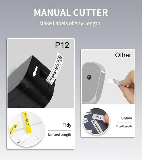 Pretty Slick Portable Label Maker With Bluetooth Pairing And Durable Mono Ribbon Tape For Totally Neat Home Desks And Dorms Super Pocket Sized Sticker Creator showing manual cutter with tidy and unfixed length labels.