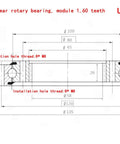 Technical diagram of Pro Grade Heavy Duty Internal Gear Rotary Bearing Module 1 With 60 Teeth, 135mm Outer Diameter, showing dimensions.