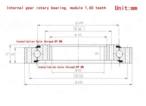 Technical diagram of Pro Grade Heavy Duty Internal Gear Rotary Bearing Module 1 With 60 Teeth, 135mm Outer Diameter, showing dimensions.