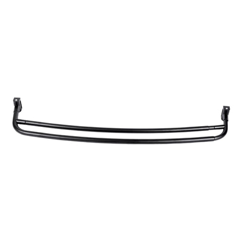 Badass Double Curved Shower Rod With Hella Elbow Room, Heavy Duty Aluminum And Zinc Mounting Hardware, Adjustable 44 To 70 Inches, Sleek Black Finish viewed from the front.