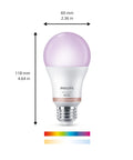 Lit Smart Light Bulbs 2 Pack Color Changing A19 LED 60W Equivalent 800 Lumens E26 with dimensions and color range
