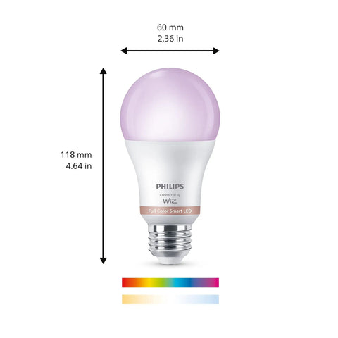 Lit Smart Light Bulbs 2 Pack Color Changing A19 LED 60W Equivalent 800 Lumens E26 with dimensions and color range