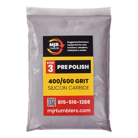 Bag of 400/600 grit silicon carbide pre-polish for rock tumblers with company logo and contact details.