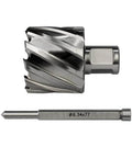 Annular cutter with Weldon shank and pilot-pin slugger bit, front view; 1-3/4 in diameter, steel-gray metal.